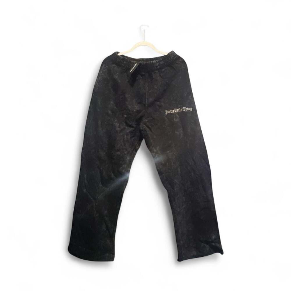 PrettyLittleThing Black Acid Wash Logo Wide Leg Joggers